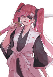 Rule 34 | 1girl, bleach, bleach: sennen kessen-hen, blood, eyepatch, hara hikaru, japanese clothes, katana, long hair, looking at viewer, over shoulder, saitou furoufushi, shinigami, solo, sword, sword over shoulder, tongue, tongue out, twintails, twitter username, v-shaped eyebrows, watermark, weapon, weapon over shoulder, white background