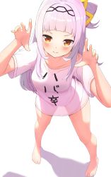 Rule 34 | 1girl, absurdres, alternate costume, aoto mei, blunt bangs, blush, breasts, closed mouth, collarbone, commentary request, cone hair bun, feet, full body, hair bun, hair ornament, hairband, hands up, highres, hololive, legs, long hair, looking at viewer, murasaki shion, nail polish, one side up, orange eyes, purple hair, shadow, shiny skin, shirt, sidelocks, simple background, single side bun, small breasts, solo, standing, t-shirt, thighs, toenail polish, toenails, toes, virtual youtuber, white background