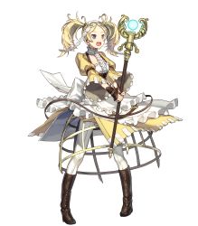 Rule 34 | 1girl, blonde hair, blue eyes, boots, detached collar, dress, fire emblem, fire emblem awakening, fire emblem heroes, frills, full body, highres, holding, knee boots, lissa (fire emblem), looking away, nintendo, open mouth, short twintails, smile, solo, staff, transparent background, twintails, wide sleeves