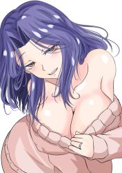Rule 34 | 1girl, absurdres, alternate costume, beige sweater, breasts, cleavage, commentary request, cowboy shot, hair intakes, highres, kantai collection, ken (shutenndouji1), large breasts, off-shoulder sweater, off shoulder, purple eyes, purple hair, red eyes, short hair, simple background, solo, sweater, tatsuta (kancolle), white background