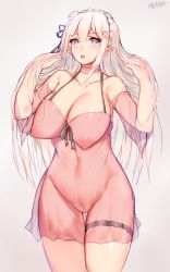 Rule 34 | 10s, 1girl, alternate breast size, artist name, bare shoulders, blush, braid, breasts, chestnut mouth, choker, cleavage, collarbone, covered erect nipples, covered navel, crown braid, detached sleeves, dress, emilia (re:zero), female pubic hair, flower, grey background, groin, hair flower, hair lift, hair ornament, hair ribbon, hands in hair, highres, huge breasts, lingerie, long hair, looking at viewer, mukka, navel, negligee, nipples, no pussy, open mouth, pink dress, pubic hair, puffy nipples, purple eyes, re:zero kara hajimeru isekai seikatsu, ribbon, see-through, silver hair, simple background, solo, spaghetti strap, thigh gap, thigh strap, underwear