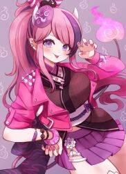 Rule 34 | 1girl, absurdres, blush, cropped jacket, demon girl, demon horns, demon tail, earrings, hand on own hip, highres, horns, ironmouse, ironmouse (yokai hunter), jacket, japanese clothes, jewelry, kimono, long hair, looking at viewer, mask, mask on head, multicolored hair, nail polish, pink hair, pink jacket, pink nails, pointy ears, ponytail, purple eyes, purple hair, purple kimono, purple skirt, rabio (labi555), skirt, smile, solo, streaked hair, tail, tongue, tongue out, virtual youtuber, vshojo