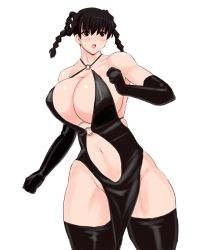 Rule 34 | 1girl, 78 (tky8), black gloves, black hair, black thighhighs, boots, braid, breasts, brown eyes, cleavage, dead or alive, dress, elbow gloves, gloves, highres, large breasts, latex, latex boots, latex dress, lei fang, looking at viewer, navel, o-ring, o-ring top, open mouth, panties, pelvic curtain, revealing clothes, simple background, solo, thighhighs, thighs, twin braids, underwear, white background