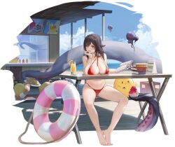 Rule 34 | 1girl, :d, artist request, azur lane, barefoot, beach, between breasts, bikini, black hair, blue sky, book, book stack, bracelet, breast rest, breasts, cloud, cup, day, drink, drinking straw, elbow rest, feet, food, full body, highres, holding, holding book, innertube, jewelry, large breasts, legs, looking at viewer, manjuu (azur lane), navel, non-web source, official alternate costume, official art, open mouth, outdoors, red bikini, red eyes, royal fortune (azur lane), royal fortune (eyes on the prize) (azur lane), shaved ice, sitting, sky, smile, stomach, swim ring, swimsuit, table, tentacle hair, tentacles, thighs, toenails, toes