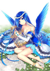 Rule 34 | 1girl, anklet, bare shoulders, barefoot, bird wings, birdcage, blue eyes, blue hair, breasts, cage, cleavage, collarbone, detached sleeves, head wings, head wreath, jewelry, long hair, matching hair/eyes, original, personification, puffy sleeves, revision, sakuyosi, smile, solo, winged hair ornament, wings