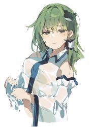 Rule 34 | 1girl, aqua eyes, bare shoulders, breasts, detached sleeves, dripping, frog, frog hair ornament, frown, green hair, hair ornament, hair tubes, higa (gominami), highres, kochiya sanae, long hair, medium breasts, see-through, shirt, simple background, solo, touhou, upper body, wet, wet clothes, wringing clothes