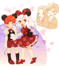 Rule 34 | 2boys, 2girls, ^ ^, animal ears, bad id, bad pixiv id, brother and sister, closed eyes, cosplay, disney, dress, emiya kiritsugu, emiya shirou, closed eyes, family, fate/zero, fate (series), father and daughter, father and son, ghost, gloves, illyasviel von einzbern, irisviel von einzbern, long hair, mickey mouse, mickey mouse (cosplay), minnie mouse, minnie mouse (cosplay), miyako (xxxbibit), mother and daughter, mother and son, mouse ears, multiple boys, multiple girls, orange hair, puffy sleeves, red eyes, shorts, siblings, white gloves, white hair, yellow eyes