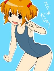 Rule 34 | 00s, child, fang, flat chest, hair bobbles, hair ornament, kataoka yuuki, one-piece swimsuit, orange hair, pointing, saki (manga), school swimsuit, simple background, solo, swimsuit, two side up