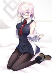 Rule 34 | 1girl, bed, black-framed eyewear, blush, covered erect nipples, dress, eyes visible through hair, fate/grand order, fate (series), full body, glasses, hair over one eye, highres, indoors, jacket, light purple hair, looking at viewer, mash kyrielight, necktie, on bed, purple eyes, red necktie, shoes, short hair, sitting, smile, solo, thighhighs, youta