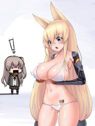 Rule 34 | !, 2girls, :o, alternate breast size, barcode, black legwear, black skirt, blank eyes, blonde hair, blue eyes, blush, bra, breast envy, breasts, chibi, cloel, commentary request, covered erect nipples, g41 (girls&#039; frontline), girls&#039; frontline, gluteal fold, grey hair, hair between eyes, highres, hood, hoodie, large breasts, long hair, looking at another, mechanical arms, multiple girls, navel, one side up, open mouth, panties, pantyhose, pleated skirt, skindentation, skirt, square mouth, standing, thighhighs, ump45 (girls&#039; frontline), underwear, underwear only, very long hair, white bra, white panties, wide-eyed