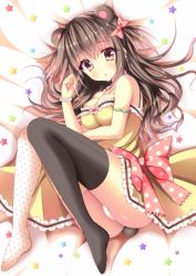 Rule 34 | 1girl, animal ears, asymmetrical legwear, bare shoulders, bear ears, bear tail, black thighhighs, blush, bow, bracelet, breasts, brown hair, clenched hand, dress, eyebrows, frilled dress, frills, full body, jewelry, long hair, looking at viewer, lying, medium breasts, mismatched legwear, necklace, no shoes, on side, original, panties, pantyshot, polka dot, polka dot bow, polka dot legwear, puckered lips, red bow, sleeveless, sleeveless dress, solo, suzukawa yui, tail, thighhighs, underwear, very long hair, white panties, white thighhighs, yellow dress