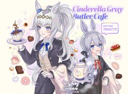 Rule 34 | 2girls, ahoge, animal ears, black jacket, black pants, blue eyes, blush, bow, bowtie, bread, brown vest, cake, cherrydeswa, chocolate, collared shirt, cookie, cup, english text, fang, food, glint, gloves, grey hair, highres, holding, holding tray, horse ears, jacket, long hair, long sleeves, multiple girls, oguri cap (umamusume), open clothes, open jacket, open mouth, pants, ponytail, puddle, shirt, signature, simple background, smile, speech bubble, standing, steam, swiss roll, tamamo cross (umamusume), tart (food), teacup, teapot, towel, tray, umamusume, upper body, vest, white background, white gloves, white hair, white shirt