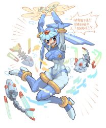 Rule 34 | 1girl, andorlier, android, armor, arms up, artist name, blue armor, blue eyes, blue footwear, blue helmet, blush, boots, breasts, crop top, fairy leviathan (mega man), fish, large breasts, mechanical parts, mega man (series), mega man zero (series), non-humanoid robot, open mouth, restrained, robot, robot animal, robot fish, robot girl, simple background, solo, speech bubble, thigh boots, translation request, white background