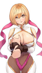 Rule 34 | 10s, 1girl, absurdres, blonde hair, grabbing another&#039;s breast, breasts, brown eyes, cleavage, covered navel, curvy, disembodied limb, djeeta (granblue fantasy), grabbing, granblue fantasy, guided breast grab, guiding hand, highres, large breasts, looking at viewer, naidong (artist), parted lips, pov, pov hands, short hair, simple background, solo focus, white background, wide hips, wrestling outfit