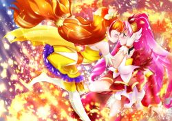 Rule 34 | 2girls, arm strap, ballpoint pen (medium), blush, boots, brown hair, closed eyes, cure scarlet, cure twinkle, detached sleeves, dress, from side, gloves, go! princess precure, hair ornament, hair scrunchie, hair tubes, highres, imminent kiss, long hair, long sleeves, looking at another, miniskirt, mito youki, multiple girls, pink hair, precure, red eyes, red sleeves, scrunchie, skirt, star (symbol), thigh boots, thighhighs, traditional media, very long hair, white footwear, white gloves, white skirt, yellow dress, yellow scrunchie, yuri