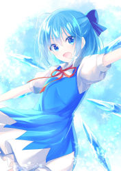 Rule 34 | 1girl, arm up, blue background, blue bow, blue dress, blue eyes, blue hair, bow, cirno, collar, dress, eyes visible through hair, frills, hair between eyes, hand up, highres, holding, ice, ice wings, light, looking at viewer, open mouth, puffy short sleeves, puffy sleeves, red bow, red neckwear, shiohari kanna, shirt, short hair, short sleeves, smile, snowflake background, snowflakes, solo, touhou, white background, white shirt, wings