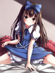 Rule 34 | 1girl, bloomers, blue dress, blue skirt, blush, bow, brown eyes, brown hair, clothes lift, dress, dress lift, hair bow, long hair, looking at viewer, nicoby, puffy sleeves, shirt, short sleeves, sitting, skirt, solo, spread legs, star sapphire, touhou, underwear, very long hair