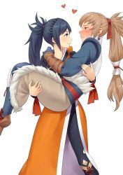 Rule 34 | 1boy, 1girl, absurdres, blue hair, blush, carrying, carrying person, commission, commissioner upload, embarrassed, fire emblem, fire emblem fates, fire emblem heroes, full-face blush, gloves, highres, igni tion, japanese clothes, kimono, long hair, looking at another, nintendo, oboro (fire emblem), orange kimono, ponytail, princess carry, red eyes, role reversal, smile, takumi (fire emblem), very long hair
