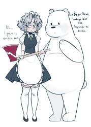 Rule 34 | 1girl, apron, axe, bear, black dress, bow, braid, commentary, crossover, dress, english commentary, english text, fire axe, full body, green bow, green necktie, grey eyes, grey hair, hair bow, highres, holding, holding axe, ice bear (we bare bears), izayoi sakuya, looking to the side, maid, maid headdress, medium bangs, necktie, open mouth, parted bangs, pinafore dress, polar bear, puffy short sleeves, puffy sleeves, shirt, short hair, short sleeves, simple background, sleeveless, sleeveless dress, standing, sunnyboi, thighhighs, touhou, twin braids, waist apron, we bare bears, white apron, white background, white shirt, white thighhighs