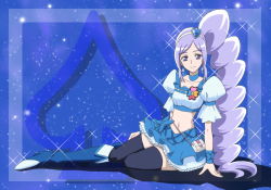 Rule 34 | 00s, 1girl, aono miki, blue background, blue footwear, blue skirt, blue thighhighs, boots, choker, cure berry, drill hair, earrings, eyelashes, fresh precure!, frilled skirt, frills, hair ornament, hairband, happy, heart, heart hair ornament, jewelry, knee boots, long hair, looking at viewer, magical girl, midriff, moritakusan, navel, ponytail, precure, puffy sleeves, purple eyes, purple hair, shirt, side ponytail, sitting, skirt, smile, solo, thighhighs, thighs, wrist cuffs, zettai ryouiki