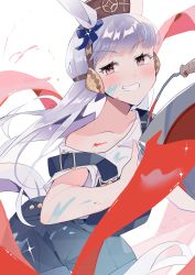 Rule 34 | 1girl, absurdres, animal ears, blush, commentary request, gold ship (umamusume), grey hair, grin, highres, horse ears, horse girl, long hair, looking at viewer, paint on body, paint on clothes, paint splatter, paint splatter on face, pillbox hat, red eyes, simple background, smile, solo, umamusume, usukawa (uskw sr), white background