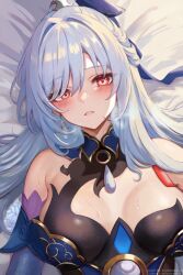 Rule 34 | 1girl, bare shoulders, bed sheet, blue dress, breasts, cleavage, commentary, dress, grey hair, highres, honkai: star rail, honkai (series), jingliu (honkai: star rail), large breasts, leonmandala, long hair, looking at viewer, lying, on back, parted lips, red eyes, solo, upper body