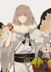 Rule 34 | 1boy, :q, absurdres, alternate costume, apple, arthropod boy, blue eyes, bug, butterfly wings, cloak, crown, diamond hairband, fate/grand order, fate (series), food, fruit, fruit basket, fur-trimmed cloak, fur trim, grey hair, highres, holding, holding food, holding fruit, insect wings, japanese clothes, kimono, long sleeves, looking at viewer, male focus, medium hair, oberon (fate), romo827, smile, solo, tongue, tongue out, upper body, white cloak, white kimono, wings