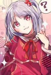 Rule 34 | 1girl, :3, ?, blush, bow, capelet, circle, dress, hair bobbles, hair ornament, katayama kei, out of frame, red capelet, red dress, red eyes, ribbon, shinki (touhou), short hair, side ponytail, silver hair, smile, solo, speech bubble, touhou, touhou (pc-98)