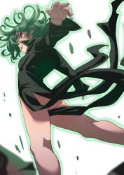 Rule 34 | 1girl, ass, aura, bare legs, black dress, breasts, commentary, convenient censoring, curly hair, debris, dress, feet out of frame, floating hair, from behind, from below, fu-ta, green eyes, green hair, grin, highres, kneepits, looking at viewer, no panties, one-punch man, outstretched arms, parted lips, pelvic curtain, short hair, simple background, small breasts, smile, solo, standing, tatsumaki, telekinesis, thighs, white background