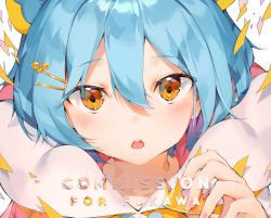 Rule 34 | blue hair, blush, commission, crown, eyebrows, fingernails, hair between eyes, hair ornament, hairclip, hand up, highres, holding, holding crown, looking at viewer, monosucre, nail polish, open mouth, original, pink nails, solo, teeth, tongue, virtual youtuber