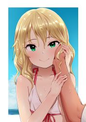 Rule 34 | 10s, 1boy, 1girl, bad id, bad twitter id, bikini, blonde hair, flat chest, gradient background, green eyes, guided petting, guiding hand, hand on another&#039;s cheek, hand on another&#039;s face, idolmaster, idolmaster cinderella girls, inactive account, looking at viewer, pettan p, pov, sakurai momoka, short hair, smile, solo focus, swimsuit, wet