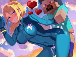Rule 34 | 1boy, 1girl, arm grab, bent over, black hair, blonde hair, blue bodysuit, blue eyes, blush, bodysuit, boris (noborhys), breasts, clenched teeth, clothed sex, cloud, collarbone, commentary request, covered navel, cum, day, doggystyle, heart, hetero, highres, impossible bodysuit, impossible clothes, large breasts, long hair, looking at viewer, metroid, minecraft, mole, mole under mouth, nintendo, nose blush, open mouth, outdoors, cum overflow, ponytail, revision, samus aran, sex, sex from behind, skin tight, steve (minecraft), super smash bros., teeth, zero suit