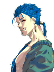 Rule 34 | 1boy, alternate costume, beads, blue hair, closed mouth, cu chulainn (fate), cu chulainn (fate/stay night), earrings, fang, fate/stay night, fate (series), from side, grin, hair beads, hair ornament, highres, jacket, jewelry, long hair, looking at viewer, male focus, moyashi san4, open clothes, open jacket, ponytail, red eyes, simple background, smile, solo, spiked hair, type-moon, white background