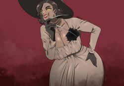Rule 34 | 1girl, 2021, alcina dimitrescu, artist name, beige dress, black flower, black gloves, black hair, black hat, black rose, blood, blood from mouth, breasts, claws, cleavage, collarbone, commentary, cowboy shot, dress, dress flower, earrings, english commentary, evil grin, evil smile, female focus, flower, gloves, glowing, glowing eyes, gradient background, grin, half-closed eyes, hand on own cheek, hand on own face, hand on own hip, hat, highres, huge breasts, jewelry, leaning forward, long dress, long sleeves, looking at viewer, mature female, necklace, nyabeyo, pale skin, pearl necklace, red background, red lips, resident evil, resident evil village, rose, short hair, simple bird, smile, solo, sunlight, tall female, vampire, yellow eyes