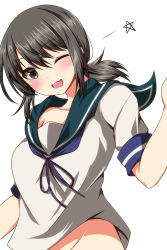 Rule 34 | 10s, 1girl, ;d, alternate breast size, ar (lover boy), bad id, bad nicoseiga id, black eyes, black hair, breasts, collarbone, fubuki (kancolle), groin, highres, kantai collection, large breasts, aged up, one eye closed, open mouth, sailor collar, school uniform, serafuku, short hair, short ponytail, short sleeves, simple background, smile, solo, white background