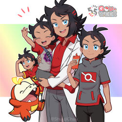 Rule 34 | 4boys, :d, aged up, black hair, black pants, blue eyes, carrying, character name, coat, collared shirt, commentary request, creatures (company), eyelashes, family, fuecoco, game freak, gen 4 pokemon, goh (pokemon), grey pants, grey shirt, holding, holding phone, male focus, multiple boys, nintendo, notice lines, open clothes, open coat, open mouth, pants, phone, pokemon, pokemon (anime), pokemon (creature), pokemon journeys, red shirt, rotom, rotom phone, sara bon, shirt, short sleeves, smile, teeth, tongue, upper teeth only, white coat
