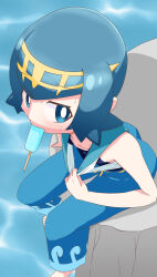 Rule 34 | 1girl, barefoot, blue eyes, blue hair, blush, clothes pull, creatures (company), food, food in mouth, game freak, highres, lana (pokemon), looking at viewer, nintendo, one-piece swimsuit, owlz, pokemon, pokemon sm, popsicle, popsicle in mouth, rock, short hair, sitting, solo, sweat, swimsuit, swimsuit under clothes, tiara, water