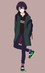 Rule 34 | 1boy, ahoge, backpack, bag, black hair, black hoodie, closed mouth, clothes writing, coat, collared shirt, drawstring, ensemble stars!, full body, green coat, green footwear, green jacket, hands in pockets, highres, hood, hood down, hoodie, jacket, kise (swimmt), looking at viewer, looking to the side, male focus, open clothes, pants, red eyes, sakuma ritsu, shirt, shoes, short hair, signature, simple background, sneakers, socks, solo, standing, standing on one leg, striped clothes, vans, white shirt
