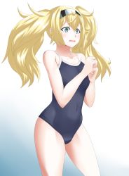 Rule 34 | 1girl, 30-06, bad id, bad pixiv id, black one-piece swimsuit, blonde hair, blue eyes, clenched hand, competition school swimsuit, covered navel, cowboy shot, gambier bay (kancolle), gradient background, hairband, highres, kantai collection, long hair, one-piece swimsuit, open mouth, school swimsuit, solo, swimsuit, twintails, white background