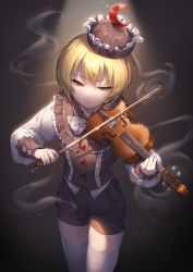 Rule 34 | 1girl, black background, black headwear, black shorts, black vest, blonde hair, commentary, cowboy shot, crescent, frilled shirt collar, frills, grey thighhighs, hajin, highres, holding, holding instrument, instrument, long sleeves, looking at viewer, lunasa prismriver, music, playing instrument, shirt, short hair, shorts, solo, standing, thighhighs, thighs, touhou, vest, violin, white shirt, yellow eyes