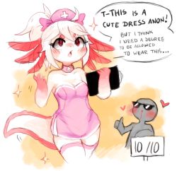 Rule 34 | 1girl, anonymous (4chan), axolotl, bare shoulders, blood, blush, breasts, choker, cleavage, clipboard, commentary, english text, eyelashes, furry, furry female, hat, looking up, nosebleed, nurse, nurse cap, open mouth, original, ponytail, red eyes, sign, sparkle, suikuzu, sunglasses, tail, thighhighs, tumblr, vika (yellowfur), white hair, zettai ryouiki