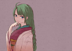 Rule 34 | 1girl, adapted costume, braid, brown background, commentary request, green hair, japanese clothes, kantai collection, kimono, long hair, looking at viewer, mole, mole under mouth, purple kimono, single braid, smile, solo, upper body, very long hair, wss (nicoseiga19993411), yuugumo (kancolle)