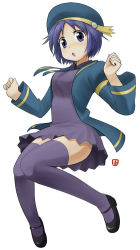 Rule 34 | 1girl, :o, beret, blue eyes, blue hair, blue jacket, blue necktie, full body, hat, jacket, long sleeves, looking at viewer, mary janes, matching hair/eyes, nagian, necktie, open clothes, open jacket, parted lips, purple shirt, purple thighhighs, shirt, shoes, short hair, simple background, solo, thighhighs, white background, zettai ryouiki