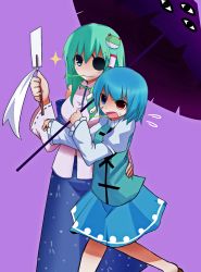 Rule 34 | 2girls, absurdres, bad id, bad pixiv id, blue hair, eyepatch, female focus, green hair, heterochromia, highres, himegi, hug, kochiya sanae, multiple girls, scar, simple background, standing, tatara kogasa, touhou, umbrella