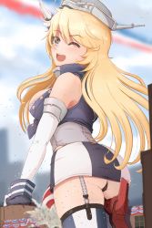 Rule 34 | 1girl, ass, black panties, blonde hair, blue eyes, blurry, blurry background, blush, breasts, commentary, day, elbow gloves, english commentary, garter straps, giant, giantess, gloves, headgear, highres, iowa (kancolle), kantai collection, large breasts, leg up, long hair, one eye closed, open mouth, outdoors, panties, raps (yohomeboyraps), rudder footwear, skirt, sleeveless, solo, star-shaped pupils, star (symbol), symbol-shaped pupils, thighhighs, underwear