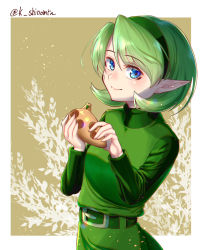Rule 34 | 1girl, belt, blue eyes, commentary request, dress, green belt, green dress, green hair, green hairband, hair between eyes, hairband, highres, holding, holding instrument, instrument, karashino, long sleeves, looking at viewer, nintendo, ocarina, partial commentary, pointy ears, saria (zelda), short hair, smile, solo, the legend of zelda, the legend of zelda: ocarina of time, upper body