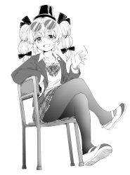 Rule 34 | 1girl, bangle, bow, bracelet, collared shirt, crossed legs, eyewear on head, full body, greyscale, hair between eyes, hair bow, hat, highres, jacket, jewelry, long sleeves, looking at viewer, mini hat, mini top hat, monochrome, naegi (naegidokoro), on chair, open clothes, open jacket, pantyhose, plaid, plaid bow, plaid skirt, pleated skirt, ring, round eyewear, school uniform, shirt, shoe dangle, shoes, simple background, sitting, skirt, smile, solo, sweater vest, top hat, touhou, twintails, uwabaki, white background, yorigami jo&#039;on