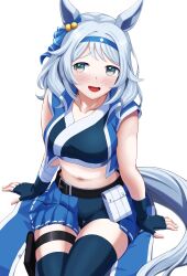 Rule 34 | 1girl, absurdres, animal ears, bike shorts, blue eyes, blue gloves, blue hair, blue hairband, blue ribbon, blue skirt, blue thighhighs, blush, bow, breasts, collarbone, commentary request, ear ribbon, fingerless gloves, gloves, hairband, highres, hinoaki, hishi miracle (umamusume), horse ears, horse girl, horse tail, medium breasts, medium hair, midriff, navel, official alternate costume, open mouth, ribbon, sitting, skirt, solo, tail, thighhighs, umamusume