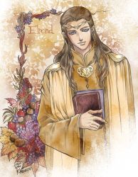 Rule 34 | 1boy, autumn leaves, book, brown hair, character name, closed mouth, elrond, flower, food, fruit, grapes, highres, holding, holding book, kazuki-mendou, tolkien&#039;s legendarium, long hair, long sleeves, looking at viewer, male focus, pointy ears, purple hair, robe, smile, solo, the lord of the rings