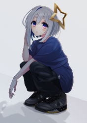 Rule 34 | 1girl, alternate costume, amane kanata, asymmetrical hair, black footwear, black pants, blue eyes, blue hair, blue shirt, bob cut, casual, closed mouth, colored inner hair, commentary, cross-laced footwear, fmg, full body, grey background, hair between eyes, halo, hand in own hair, highres, hololive, looking at viewer, medium hair, multicolored eyes, multicolored hair, pants, purple eyes, shadow, shirt, shoes, short hair with long locks, silver hair, simple background, single hair intake, sneakers, solo, squatting, star halo, streetwear, two-tone hair, virtual youtuber